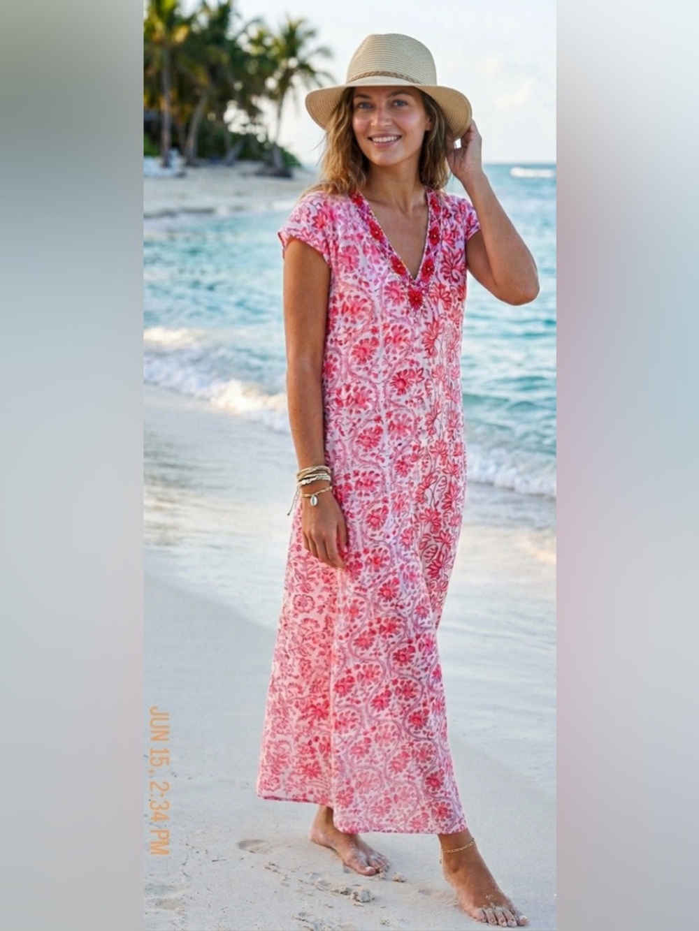 PINK Bella Tu Boho Maxi Tunic with Embroidered Beading- Sz Extra Small